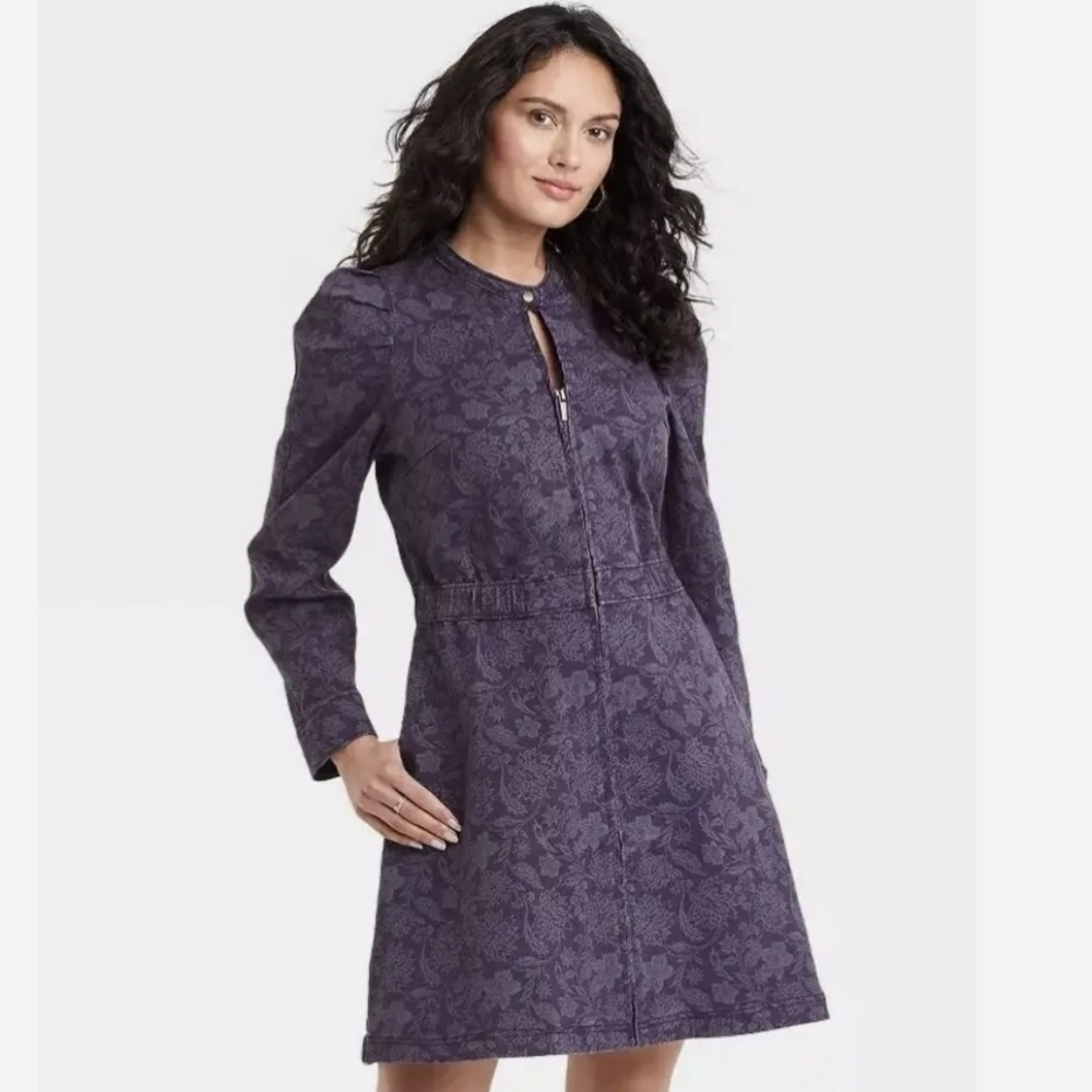 Universal Thread Puff Sleeve Floral Print Denim Mini Dress Full Zip Women's XS